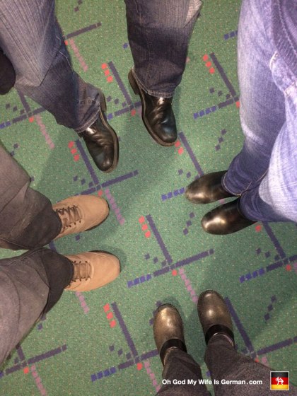 This is the hideous carpet at the Portland Airport. It's super old and they're going to replace it soon, so everyone is taking pictures of it before it's gone. I'm the one doing the "cowboy" stance.