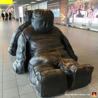This is a sculpture you can see at the Schiphol airport in Amsterdam. It's called, "Two incredible sitting black snowmen."